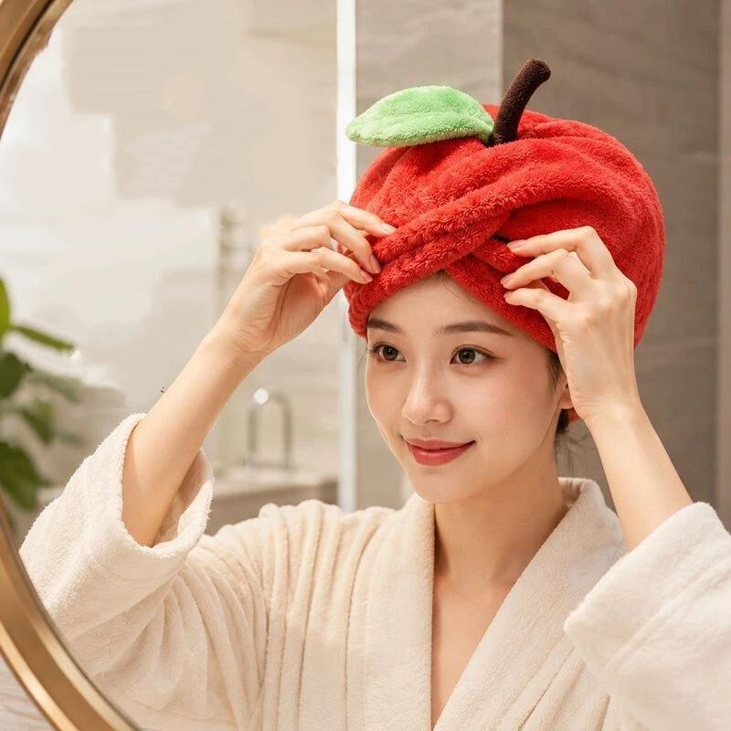 Fruit Shaped Hair Drying Cap High Absorbent Fast Dry Thick Coral Fleece Bath Cap for Travel Hotel Shower Use
