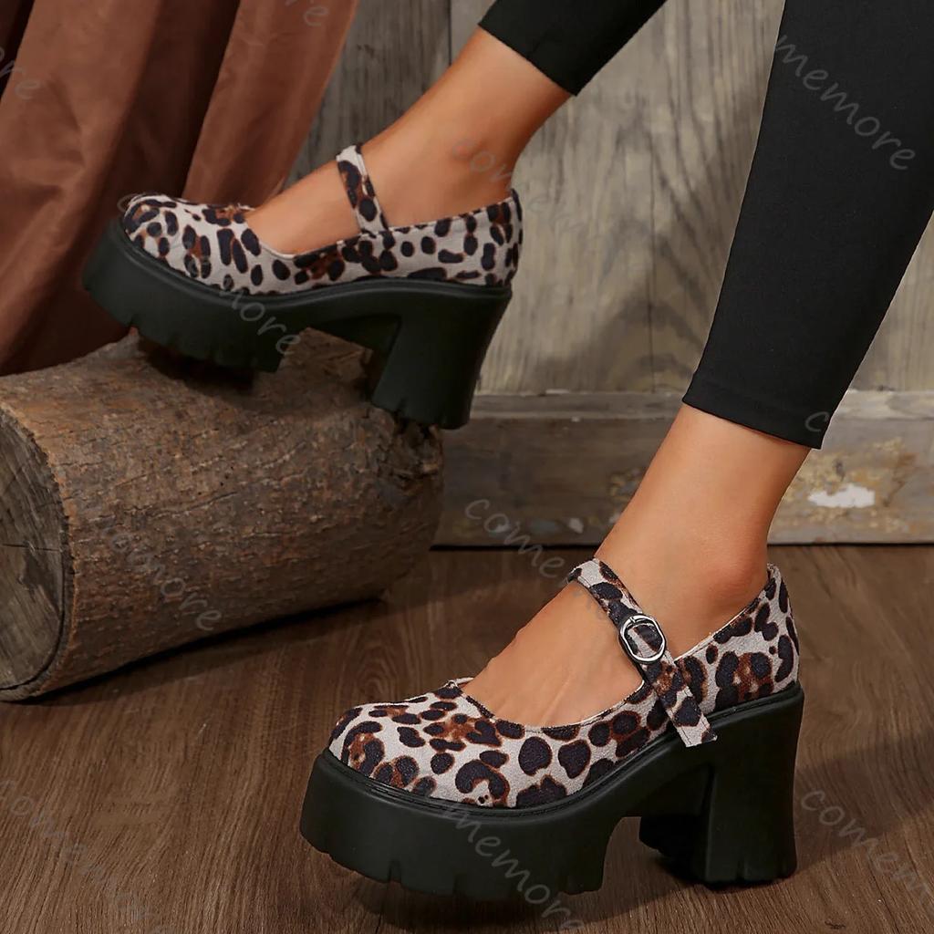 Comemore Leopard Chunky High Heels Pumps Women Buckle Strap Platform Mary Jane Shoes Woman Gothic Thick Heel Party Shoes