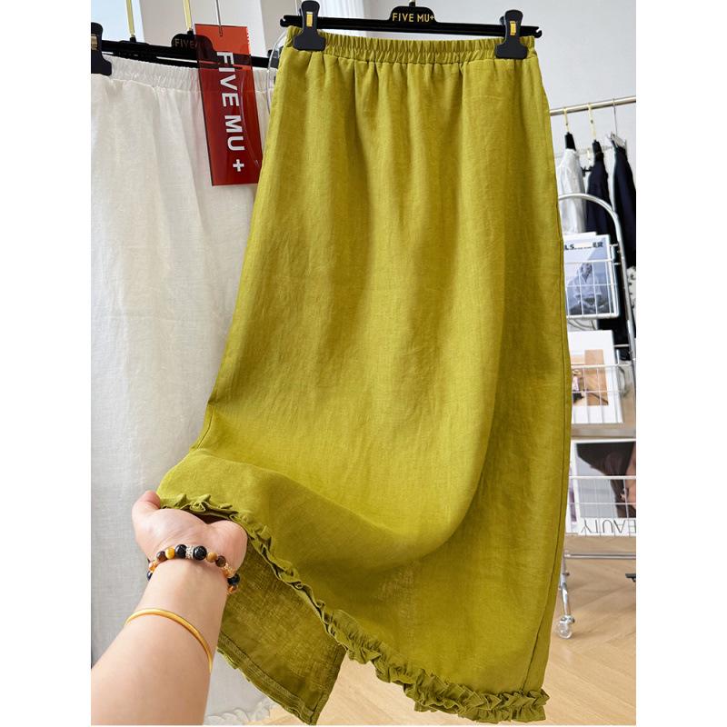 3731 Elegant Korean-Style Linen Ruffle Midi Skirt for Women