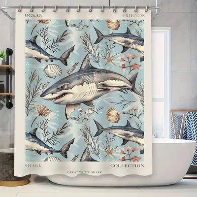 Ozeanfreunde Weißer Hai Kollektion Wasserdichter Duschvorhang Badezimmer Dekoration Blau Meeresleben Thema Heimdekoration 180x240cm