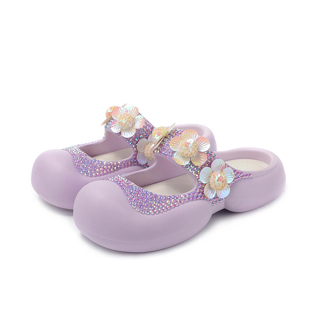 Fashion Handmade Diamond Inlaid Mary Jane Pink Slippers New Sweet Flower Sequins Thick Sole Heightening Net Red Summer Beach Sandals