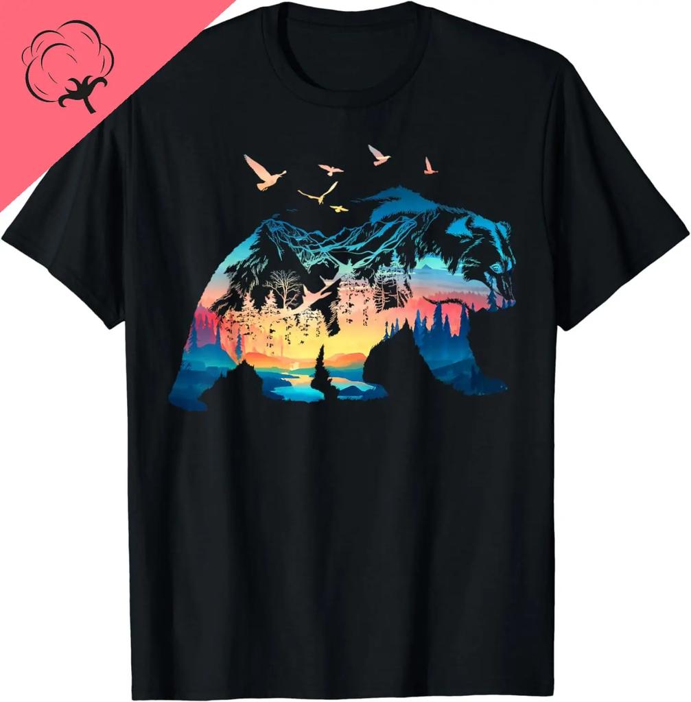 Bear Nature Outdoor Mountains Forest Trees Bear Wildlife TShirt Cotton Graphic T Shirts Streetwear Unisex Clothing Tops Camisas