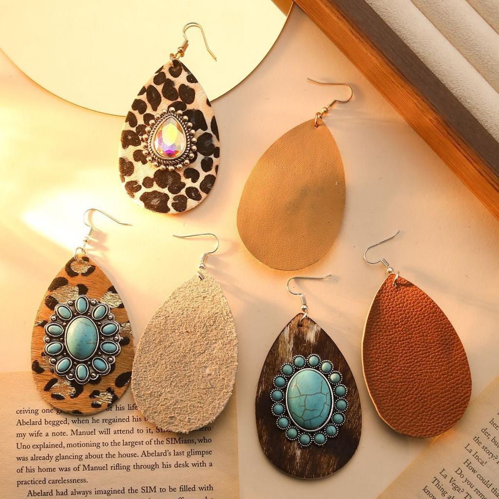 Exaggerated Metal Water Droplets Inlaid Turquoise Glass Earrings Leopard Exaggerated Personality Earrings Bohemian Retro Earrings