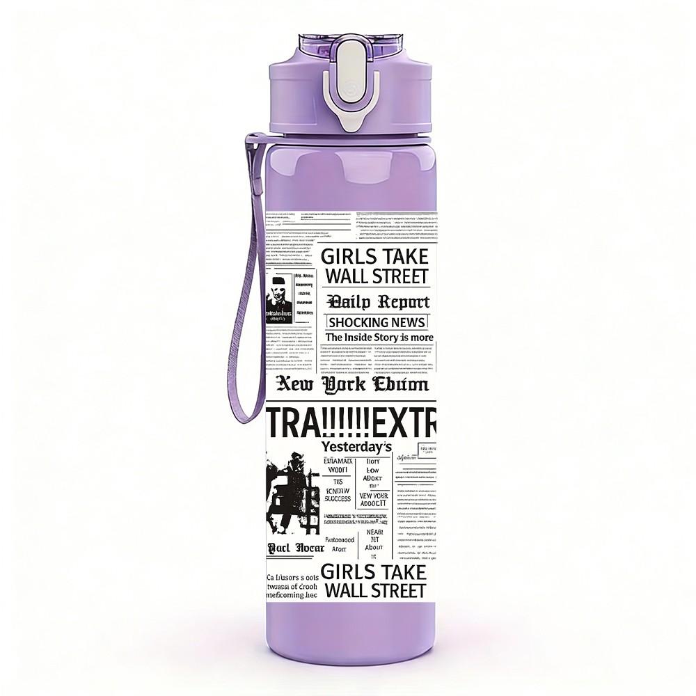 1PC Vintage Newspaper Text Collage Print 750ml Color Plastic Sports Water Bottle Leakproof Flip Straw Lid Suitable for Sports Office Home Use