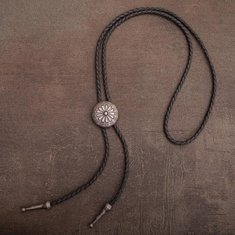 Men's Western Vintage Flower Pattern Metal Pendant Bolo Tie Adjustable Leather Rope Necktie Jewelry Necklace Shirt Chain