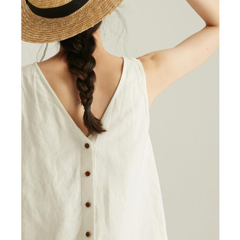 Women Clothing Vintage Simple Causal Vacation with Buttons Linen Tank Tops Summer Female V Neck White Loose Sleeveless Vest