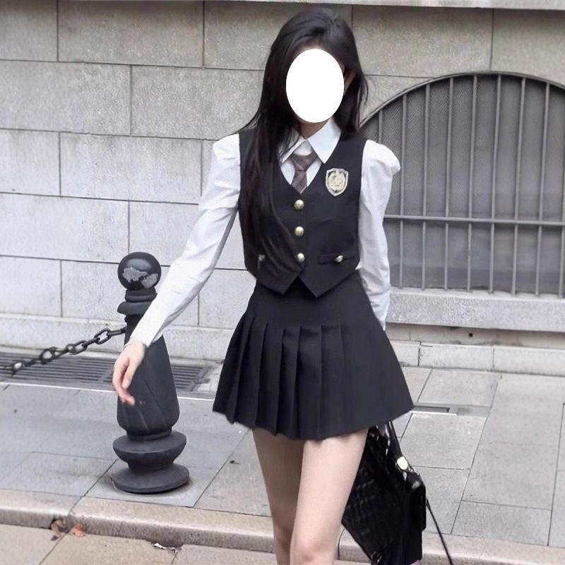 Women's British Style College Uniform: Vest, Shirt & Pleated Short Skirt 3-Piece Set for Spring & Autumn