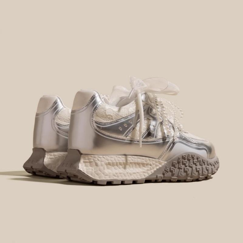 7 Inner Height Increase Women's New Platform Silver Casual Shoes Ballet Waffle White Shoes