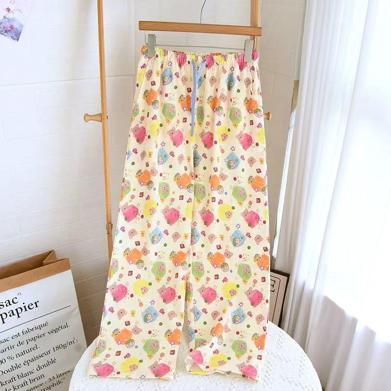Soft Brushed Cotton Cartoon Print Sleepwear Pants, Loose Fit, Plus Size, Outdoor-Friendly.