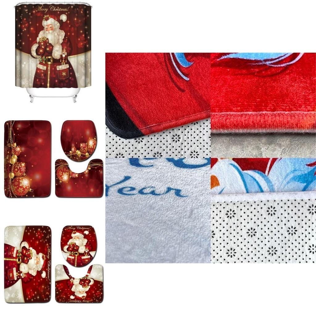 Beautiful 4pcs Christmas Shower Curtain And Toilet Cushion Set For Holiday Home Decoration
