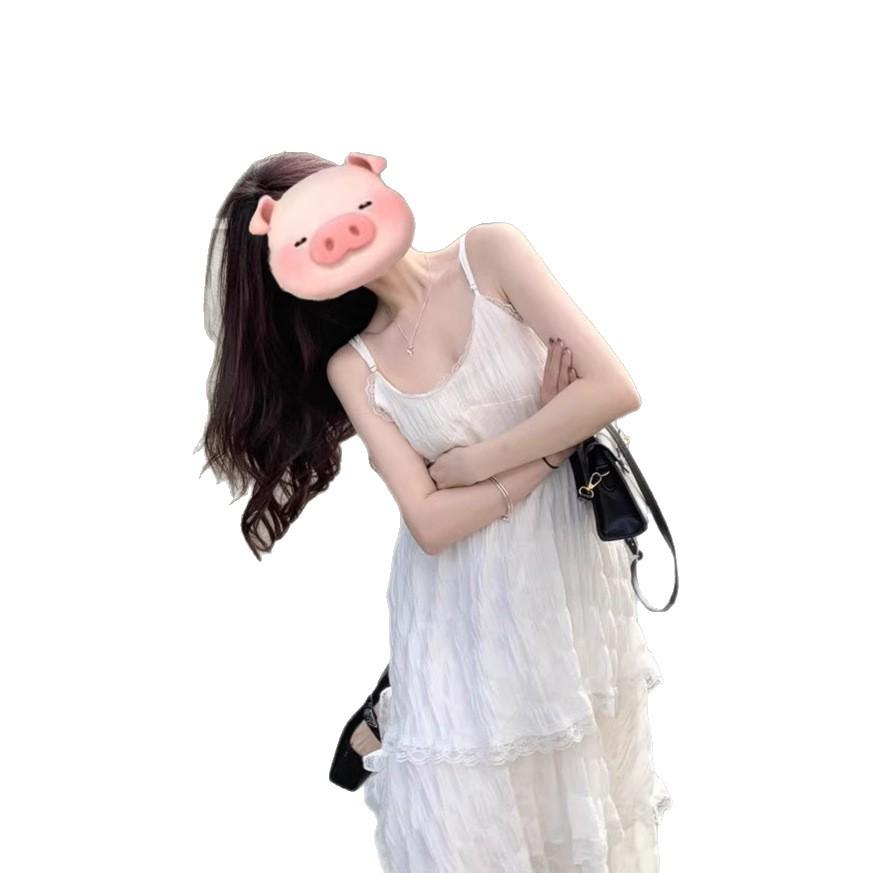 Women's Summer French White V-neck Lace Trim Camisole Dress