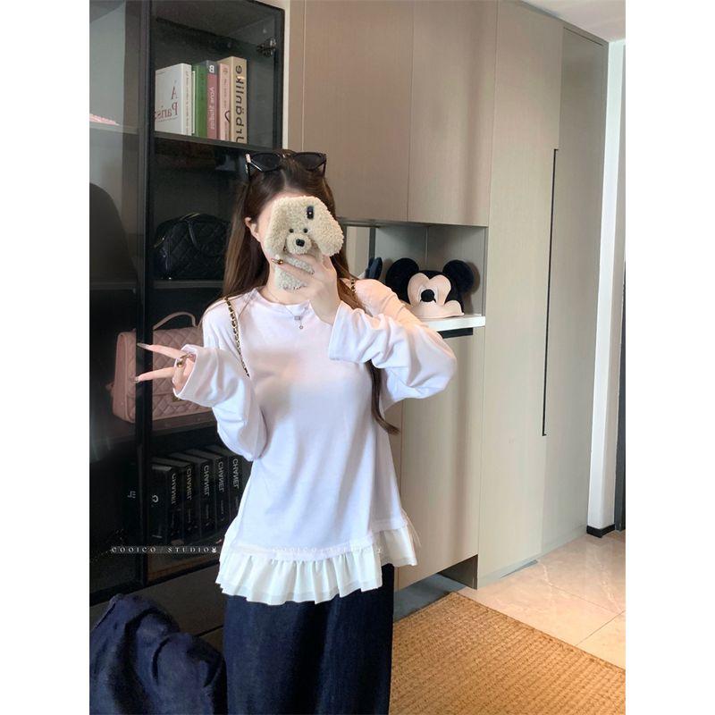 Kumikumi Sweet Style White Lace Hem Long Sleeves Shirt Women Autumn Chic Age-Reducing Slimming Versatile Top