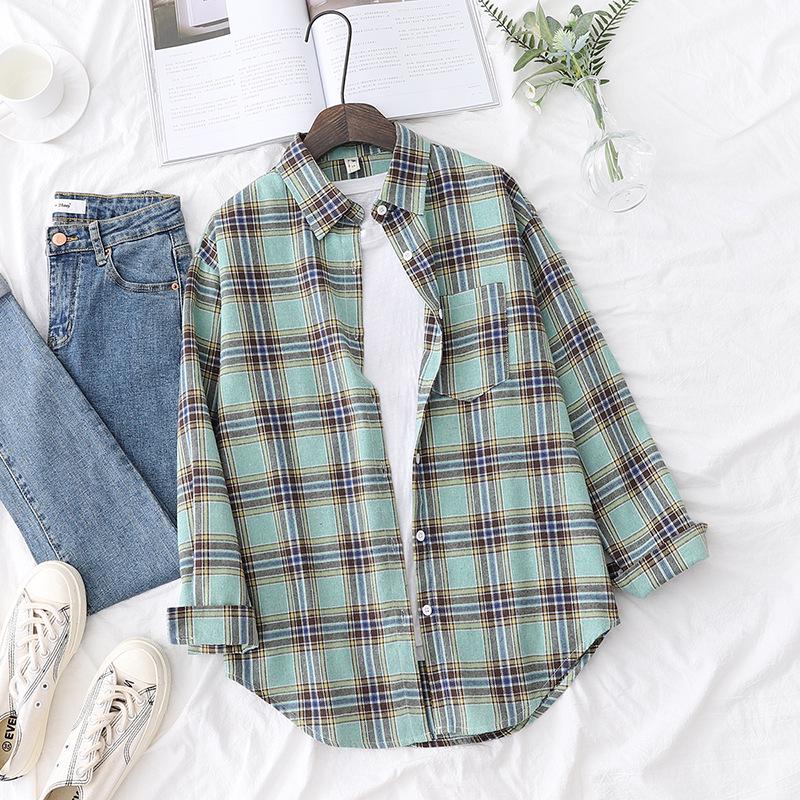 Women's Retro Plaid Flannel Shirt - Korean Style Cardigan Jacket for Spring & Autumn
