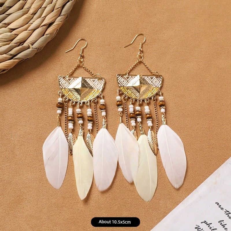 Ethnic Style Bohemia Feather Earrings White Long Style Fashion Retro Stylish Tassel Female Holiday Trip Shoot Earrings
