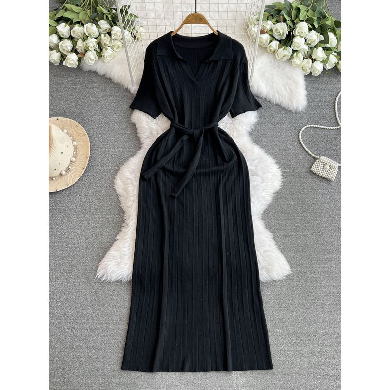 

Korean Style Wear Gentle Soft Glutinous Knitting Dress Women s 2024 New Arrival Elegant Lapel and Waist Tight Mid Length Long Length Skirt Black One size