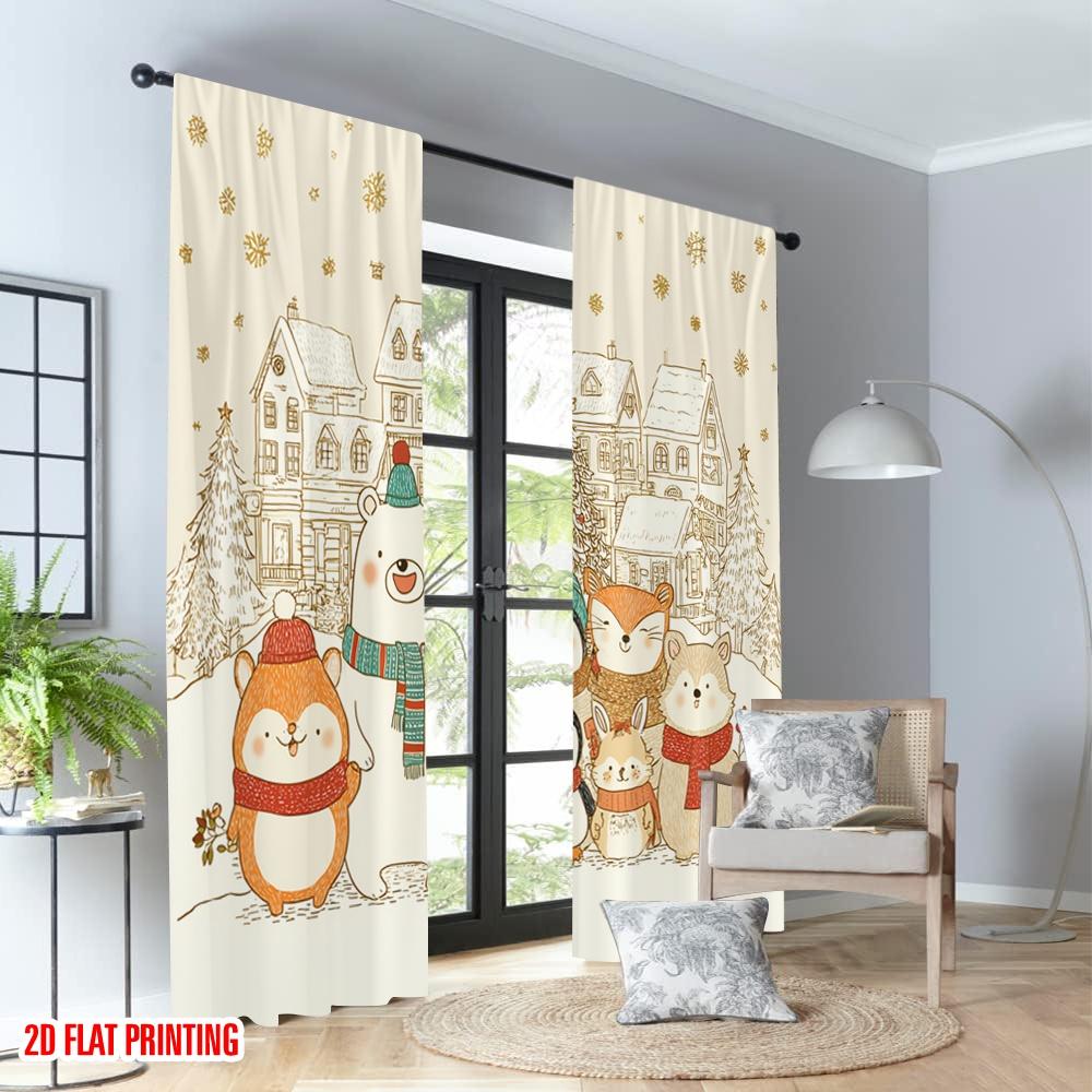2pcs 2D Flat Printing Happy Christmas Fashion Curtains Cute Christmas Animals Snowflakes Holiday Digital Printed Polyester
