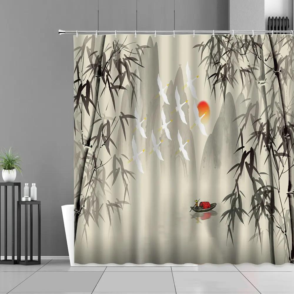 Waterproof Ink Painting Bamboo Leaves Bird Shower Curtains, Mountain Water Plant Landscape, Bathroom Curtain, Home Decor