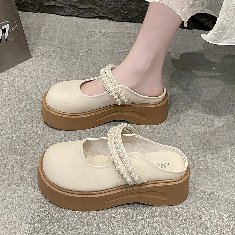 Baotou half slippers women's outer wear spring and summer new pearl thick-bottomed Mary Jane cool slippers