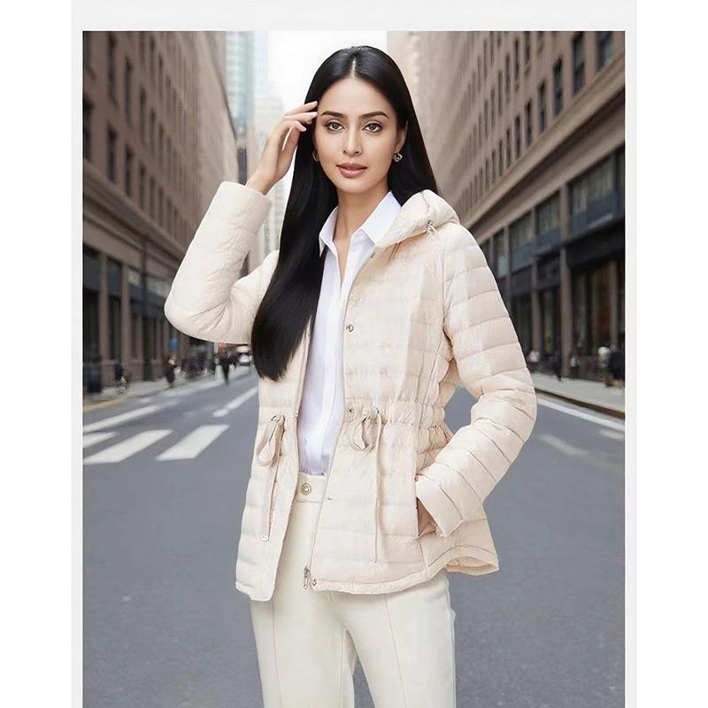 Women's Tie-Waist Hooded Down Jacket - Long Sleeve, Loose Fit, Lightweight, White Duck Down Outerwear 2025