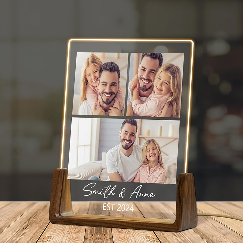 Custom Father's Day Gift for Dad, Photo Acrylic Plaque Personalized Night Light, Walnut Photo Frame with Night Light, Unique Romantic Birthday