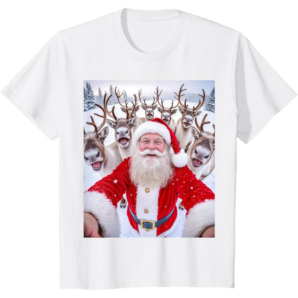 Funny Santa Claus Christmas Reindeer Selfie Xmas Snow TShirt Women Unisex Merry Christmas Graphic T Shirts Oneck Cotton Tops Tee