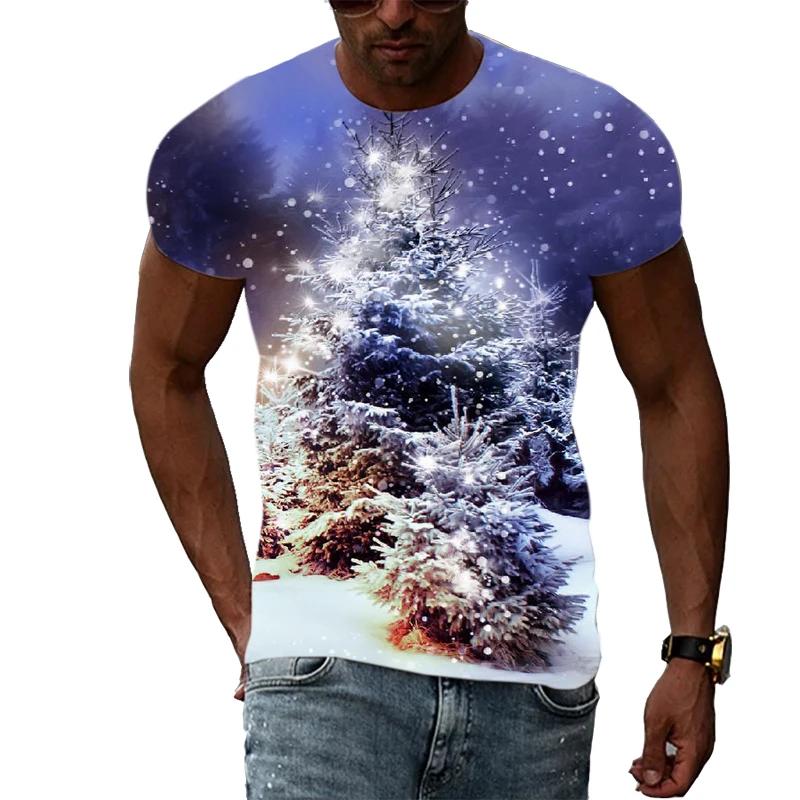 New Christmas Tree 3D Print Casual Fashion Men's Hip-Hop Fun Short-Sleeve T-Shirt Summer Stylish Trendy Round-Neck Lightweight Top
