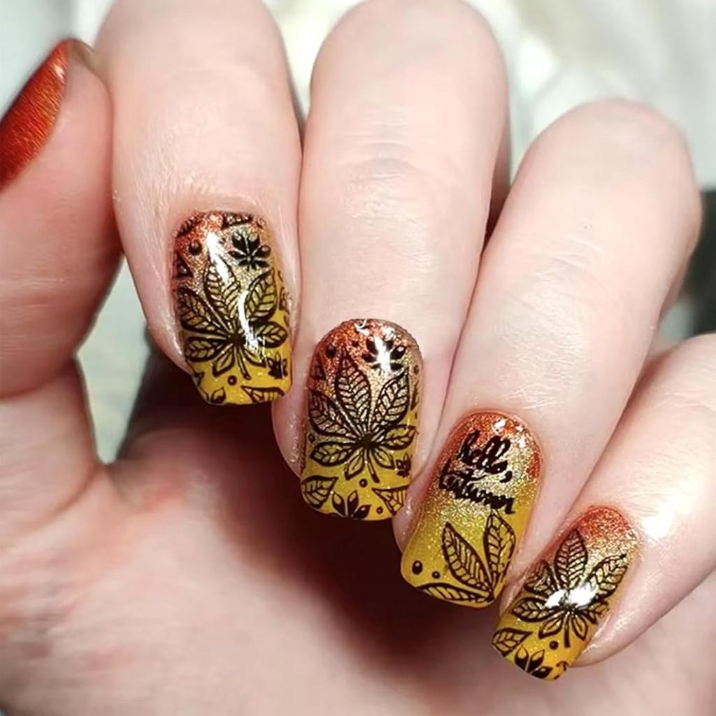 Fall Press On Nails Medium Square Fake Nails with Designs Maple Leaf Stick On Nail Thanksgiving Acrylic False Nail Bling Sequins Artificial Nail