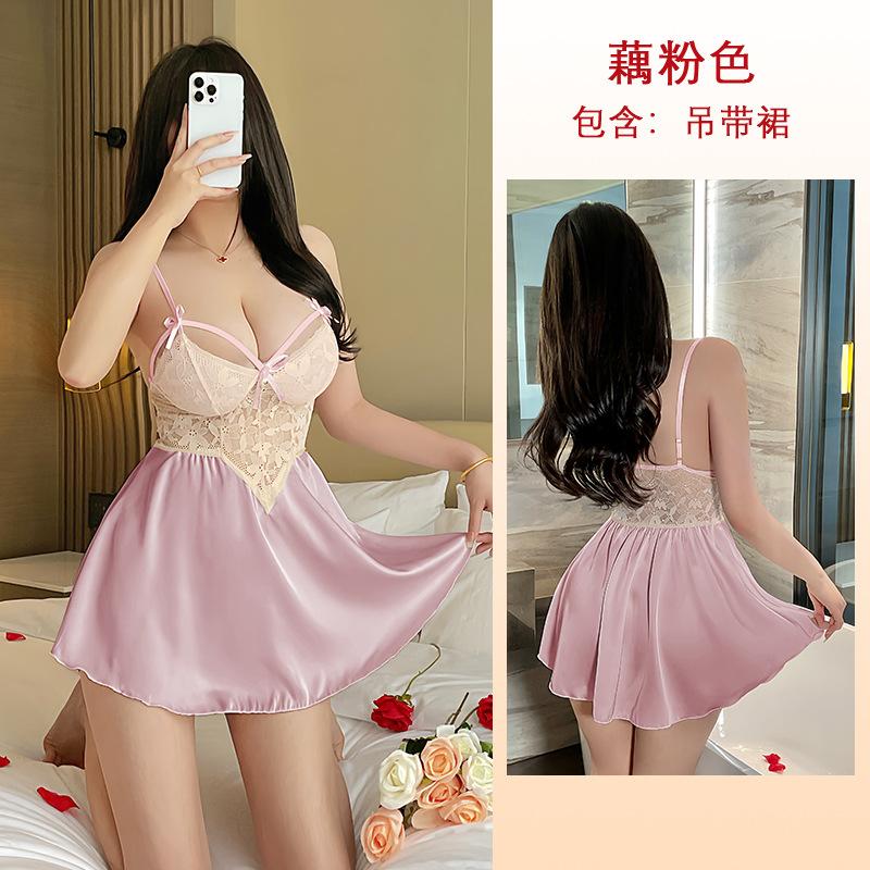 Rochie de noapte cami din satin cu petice de dantelă Sexy Decolteu adânc Decor cu fundă Lenjerie scurtă Îmbrăcăminte de casă 416 Îmbrăcăminte de dormit dulce seducătoare cu accente romantice de fundă