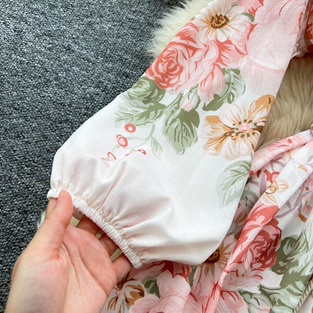 Spring Bohemian Floral Maxi Dresses for Women Runway Cross V-Neck Long Lantern Sleeve Sashes Beach Holiday Dress Boho Robes