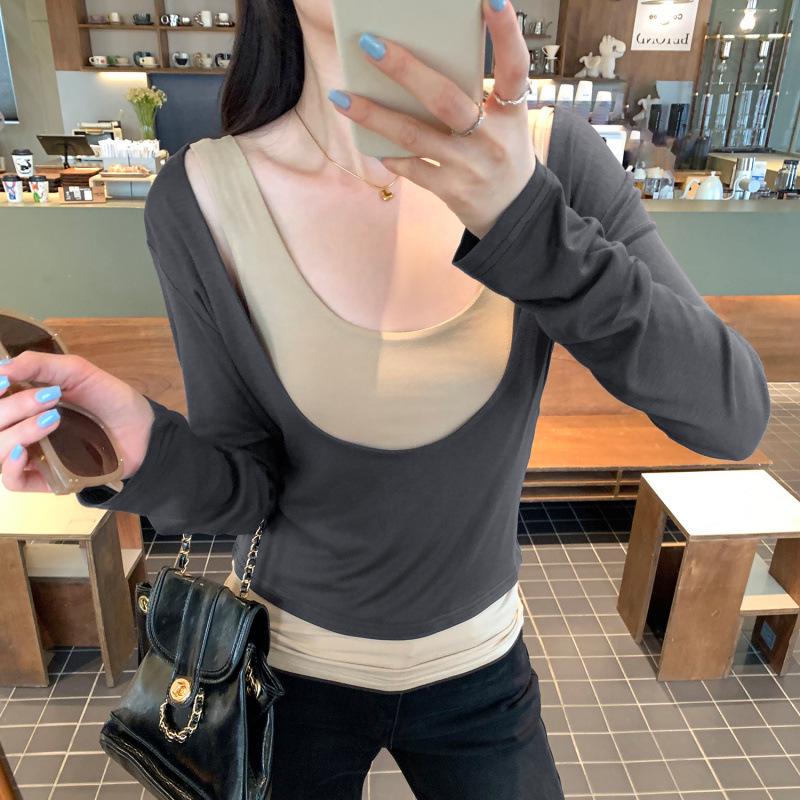 

Women s Korean Style Deep U-Neck Two-Piece Layer Long-Sleeve Camisole Top for Early Spring Medium