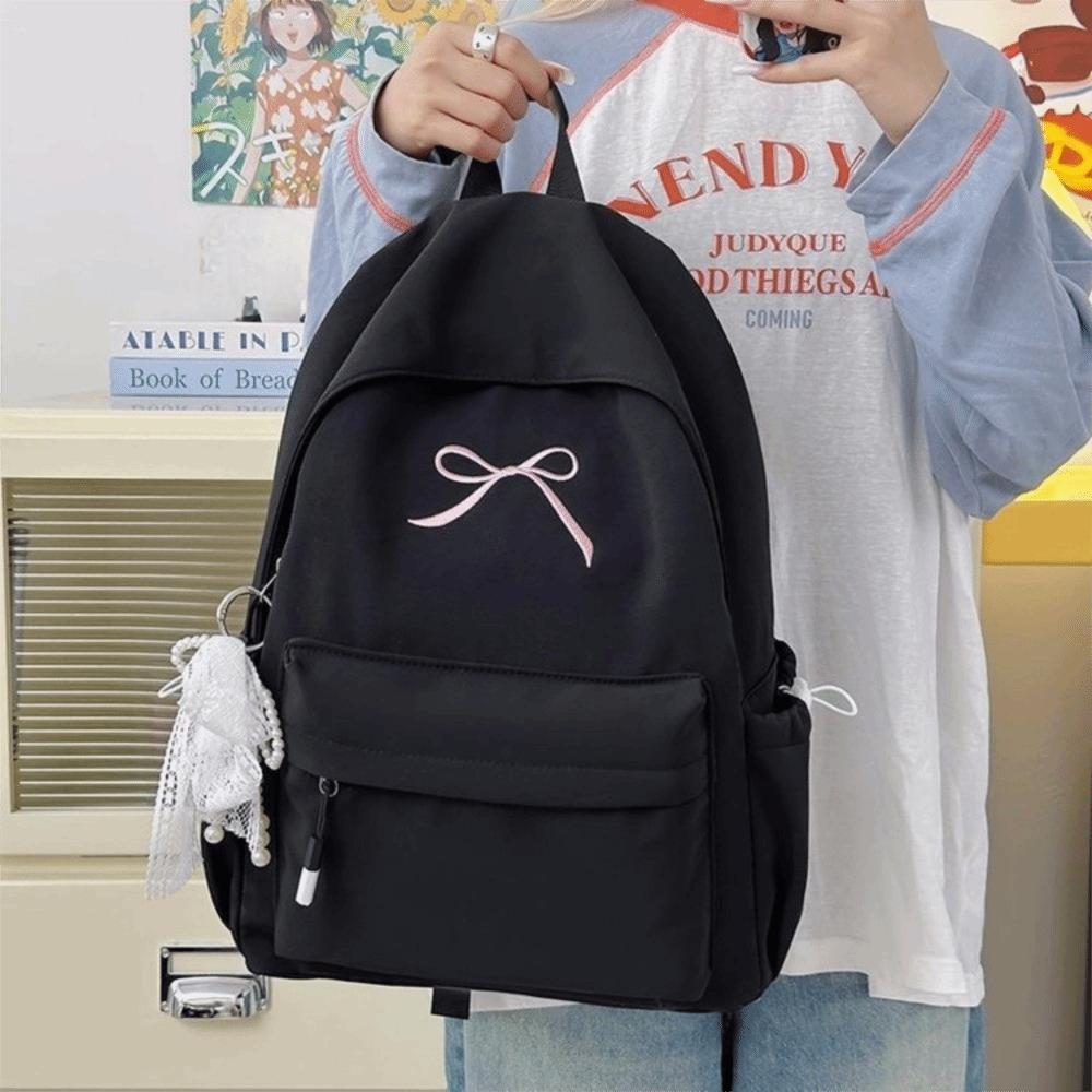 Mochila Bordada con Lazo Portátil para Niñas Color Sólido Nylon Mochila Escolar para Estudiantes Gran Capacidad Ligera Mochila de Viaje