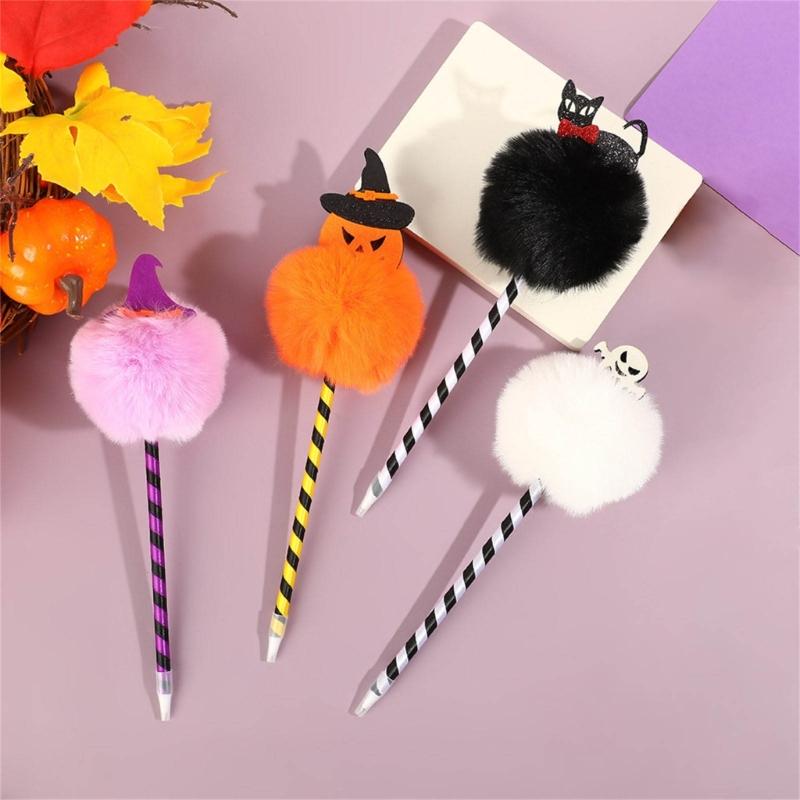 6 Pcs Halloween Pen Pumpkin Ballpoint Pen Smooth Writing Pen 0.7mm Oil Pen Pompoms Ballpoint Pen School Office Supplies