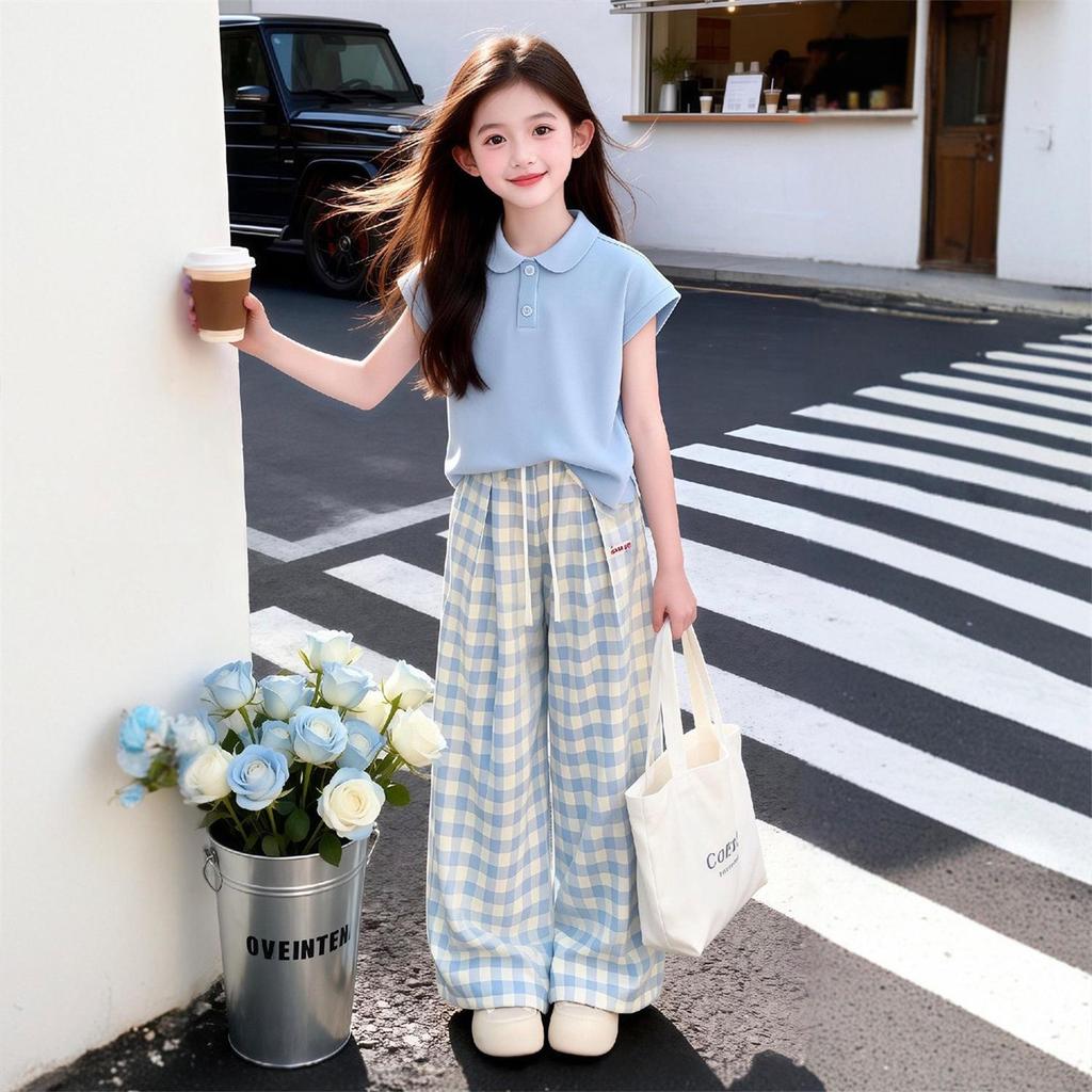 Girls' Fresh Summer Polo Set: Stylish Short-Sleeved Top & Casual Plaid Long Pants Two-Piece
