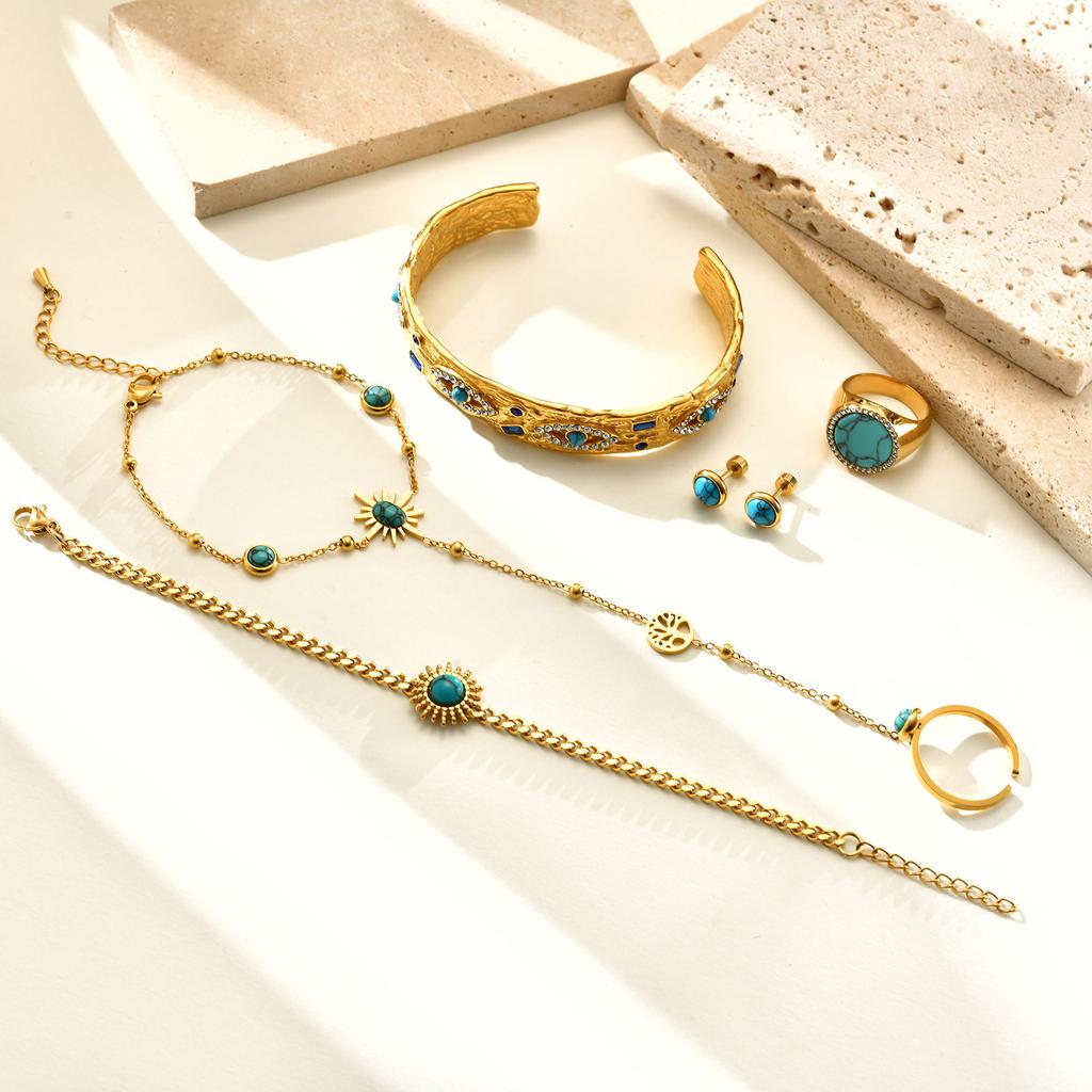 Natural Stone Turquoises Bracelets For Women, Stainless Steel Link Hand Chain Wristband,18k Gold Plated Bracelet Set Jewelry