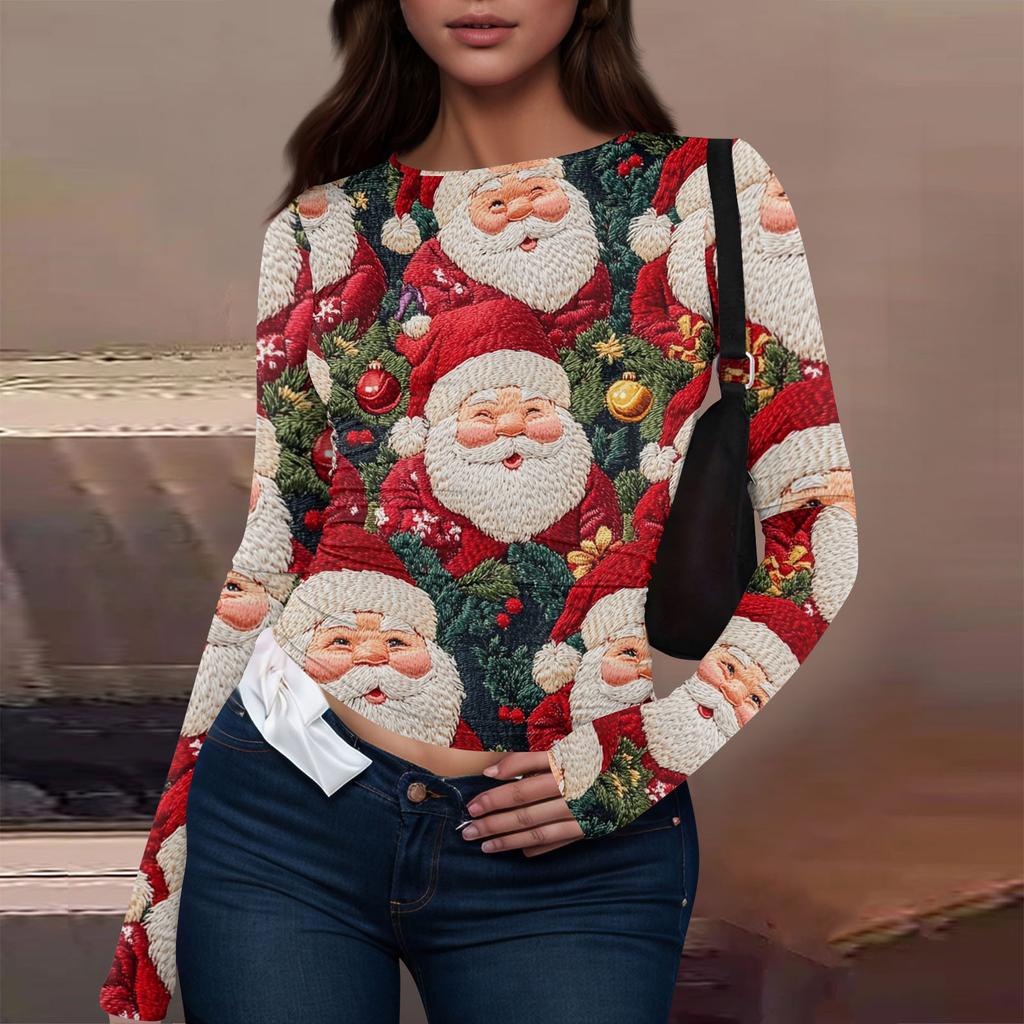 T-shirt à manches longues pour femme, mode décontractée, col rond, imprimé Noël
