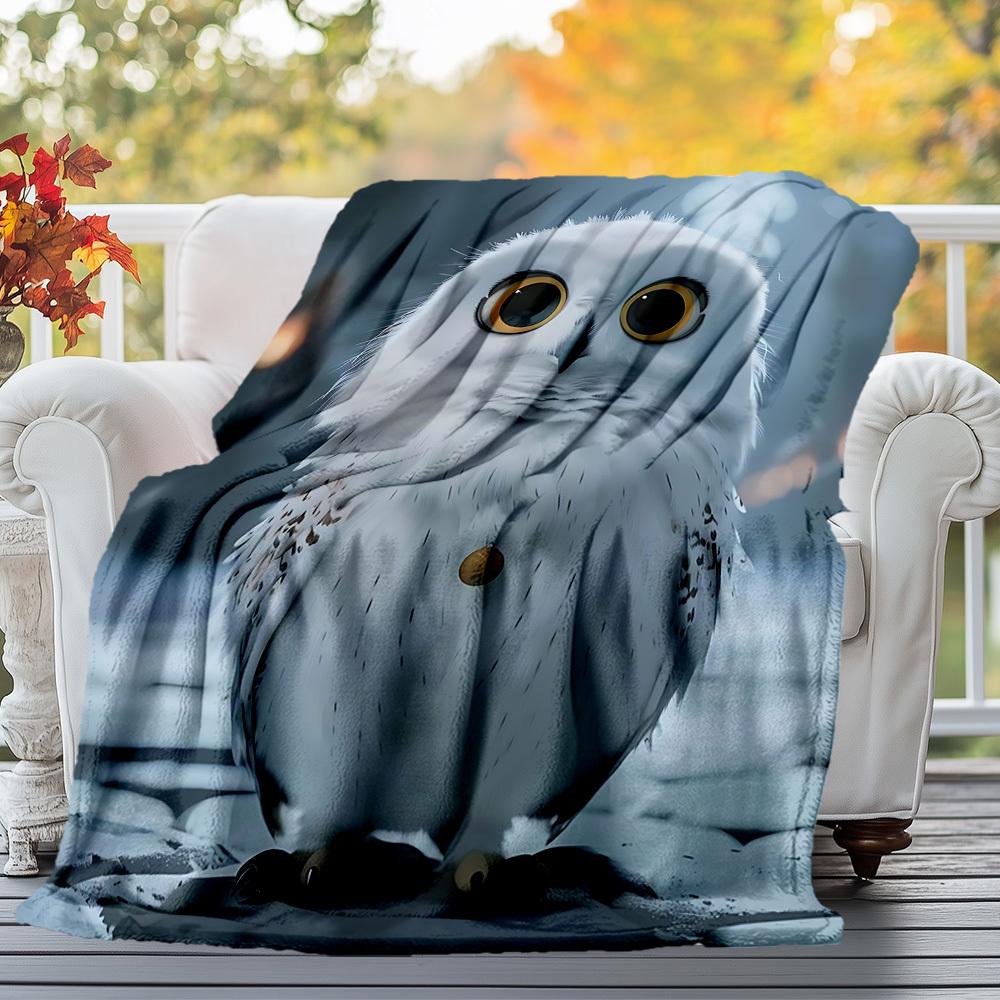 1pc Snowy Owl,winter Forest,large Eyes Outdoor Flannel Throw Blanket All Season Soft Warmth,Home Decor 1031106