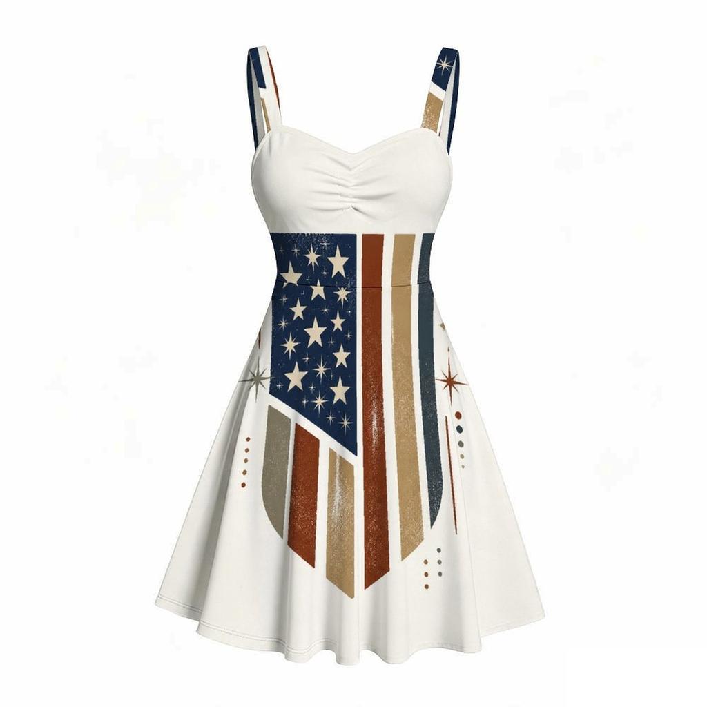 Women Plus Size Off Shoulder Sleeveless Strappy Star Stripe Printed Flared Dress
