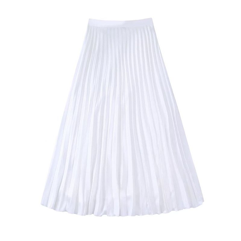 Ur Summer New Style White Silk Satin Pleated Skirt