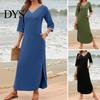 Casual Dress Women Maxi with Side Pockets V Neck 3/4 Sleeves Loose Slit Hem Solid Color Patchwork Pullover Beach