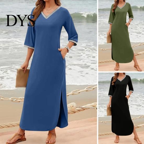 Casual Dress Women Maxi with Side Pockets V Neck 3/4 Sleeves Loose Slit Hem Solid Color Patchwork Pullover Beach