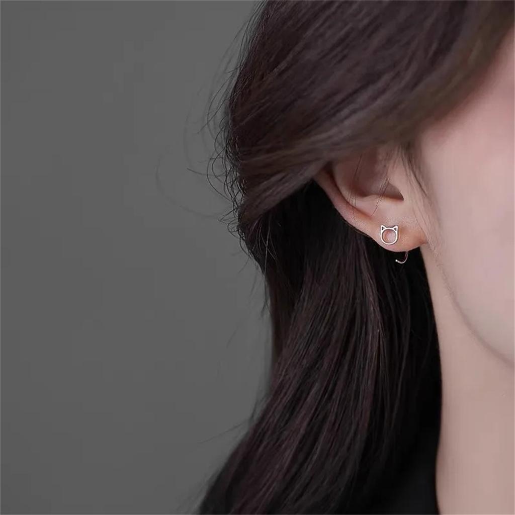 Hollow Cute Cat Stud Earrings for Women And Girls Fashion Silver Color Hypoallergenic Jewelry for Teens