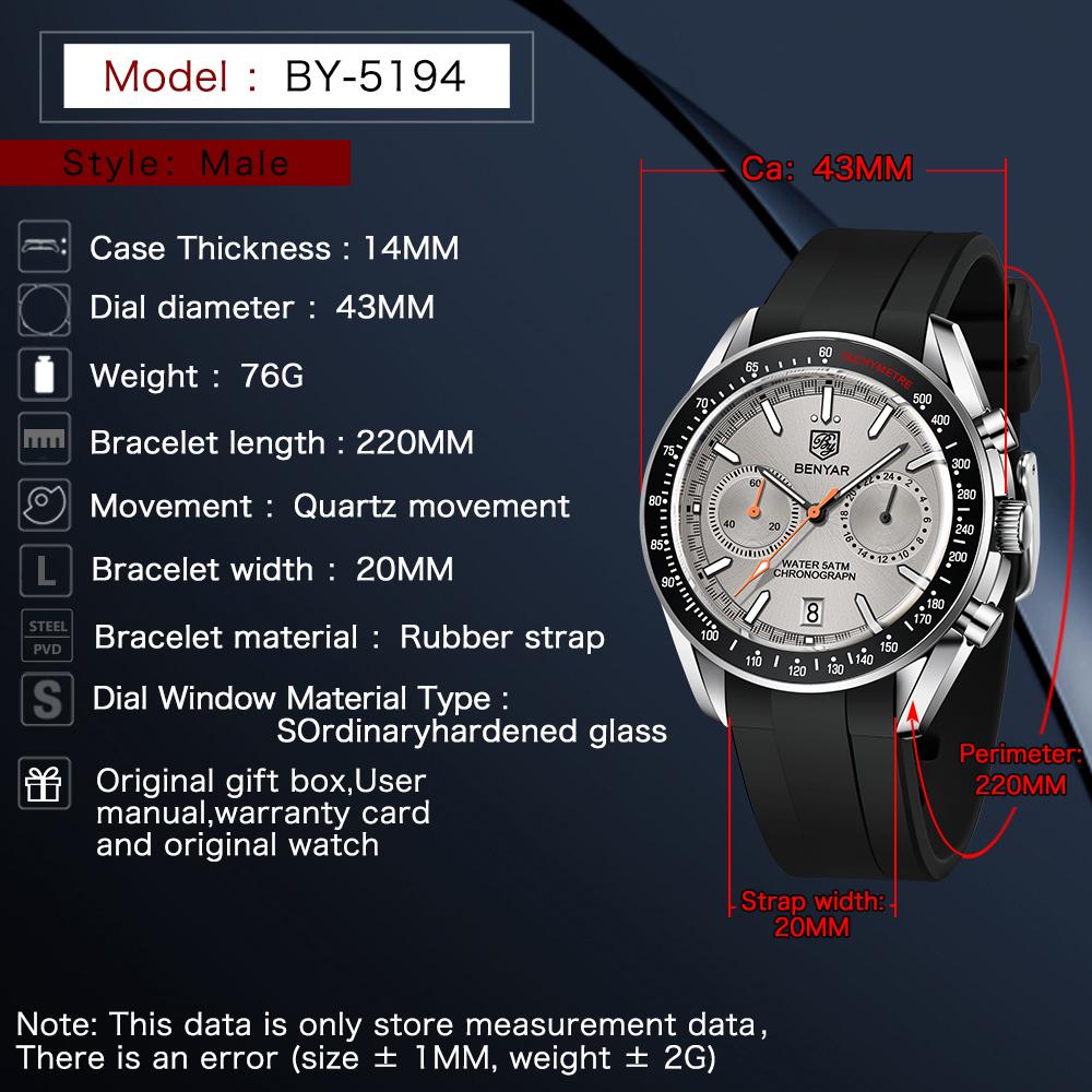 BENYAR New Moon Luxury Quartz Chronograph Men Watches Sports Waterproof Automatic Watch For Men Luminous Clock Reloj Hombre