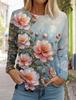 Women's 3d Printed Flower T-shirt Fashion Long-sleeved Round Neck Regular Tops Holiday Weekend Blue Spring and Autumn Wear