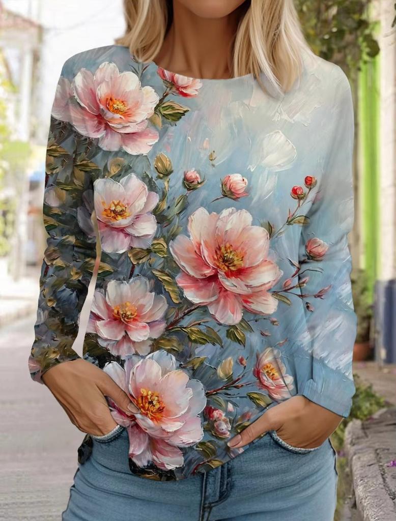 Women's 3d Printed Flower T-shirt Fashion Long-sleeved Round Neck Regular Tops Holiday Weekend Blue Spring and Autumn Wear