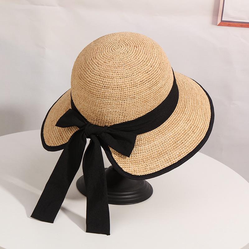 

Korean Style Women s Foldable Raffia Fisherman Hat with Ribbon Bow – Trendy Bucket Hat for Sun Protection at the Beach. Beige