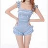 Sweet Blue Plaid One-Piece Swimsuit Women With Ruffle Trim Padded Bust High Elasticity Quick Dry