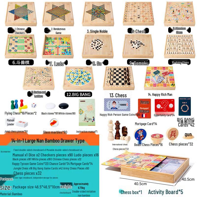 14-in-1 Bamboo & Wood Board Game Set