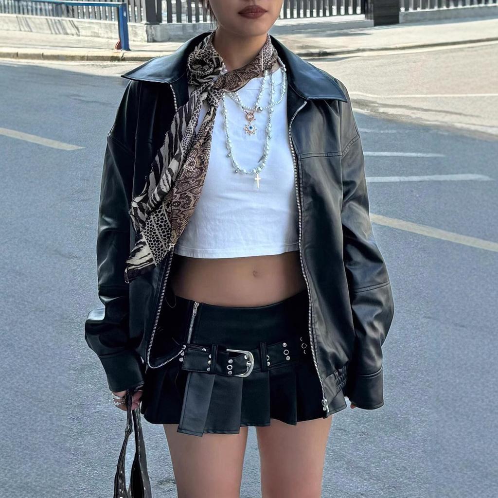 Women's Short Faux Leather Jacket Street Style Zipper PU Leather Riding Jacket Vintage Casual Fashion Jacket  Spot Goods