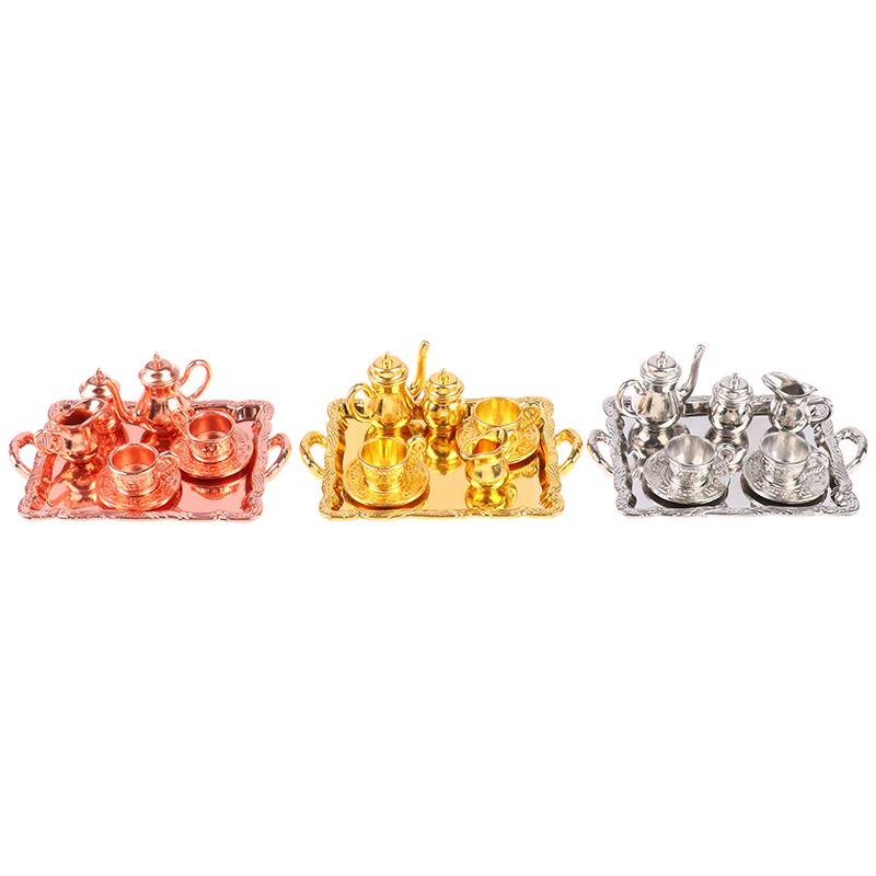 8Pcs/Set Dollhouse Miniature Square Plate Metal Wine And Tea Set