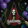 Front Porch Decor Halloween Skeleton Welcome Sign, Spooky Wooden Grim Reaper Shaped Door Rustic Hanging Sign Hanger, Horror Wall Plaque for